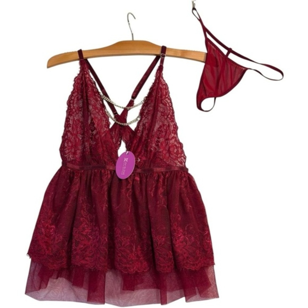NWT Lace Burgundy Lingerie Set Babydoll Criss Cross mini sleep sz medium‎ Sexy
